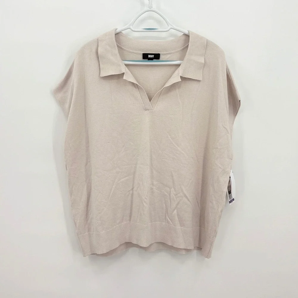 DKNY Womens Beige Short Sleeve Polo Collar Knit Sweater Top XXL E3GR0416 NEW